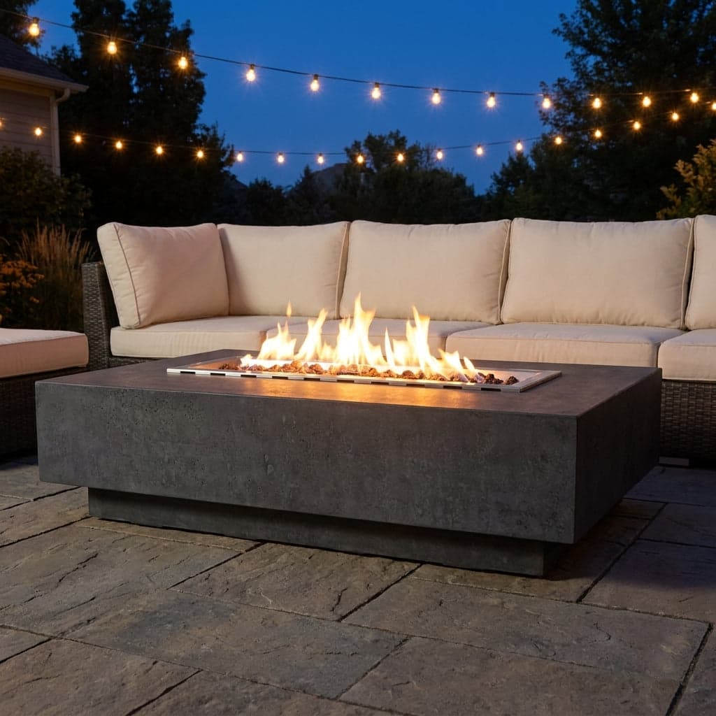 Elementi Hampton fire pit table lit on an evening patio in front of an outdoor sofa