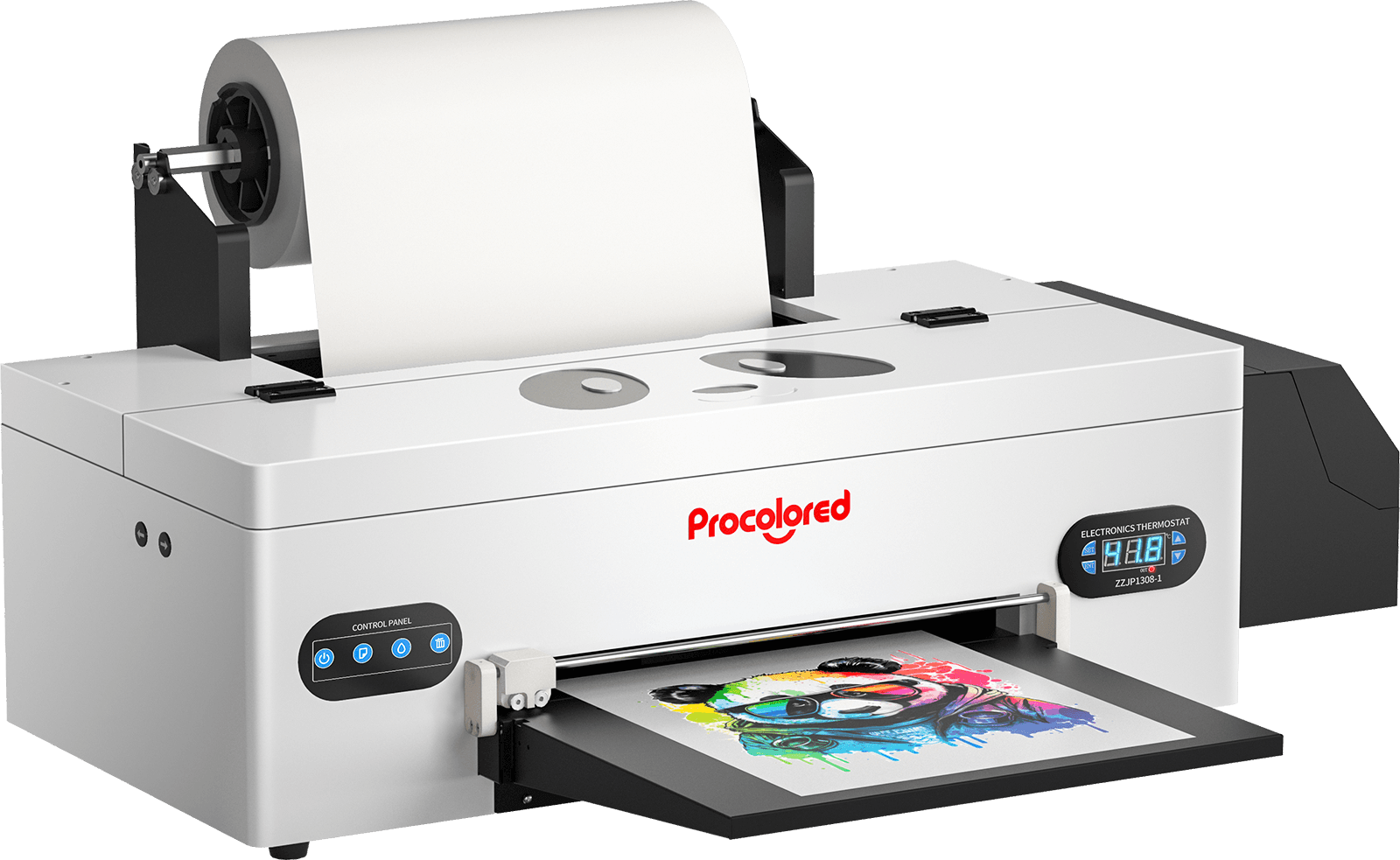 Front product view of the Procolored F13 Panda DTF printer feeding a colorful transfer