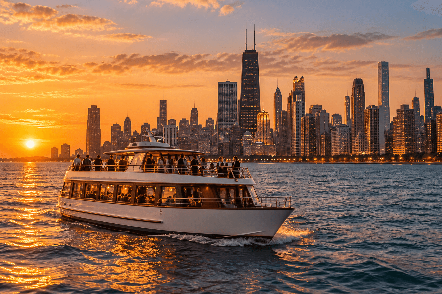 Representative sightseeing boat on Lake Michigan at sunset