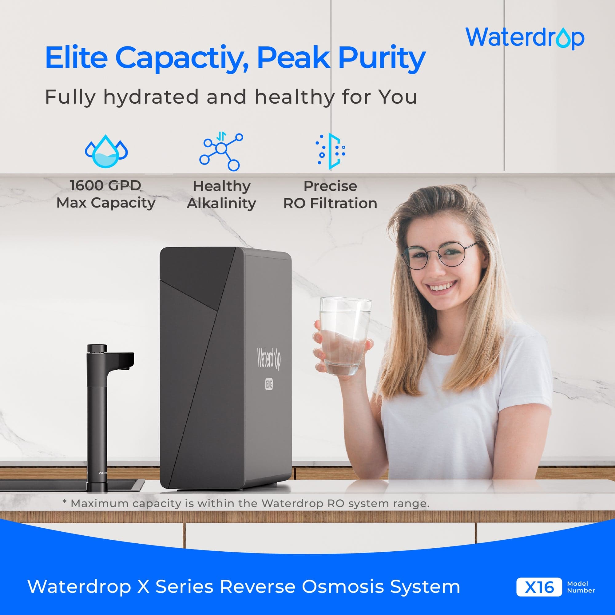 Waterdrop X16 system and smart faucet shown in a kitchen setting