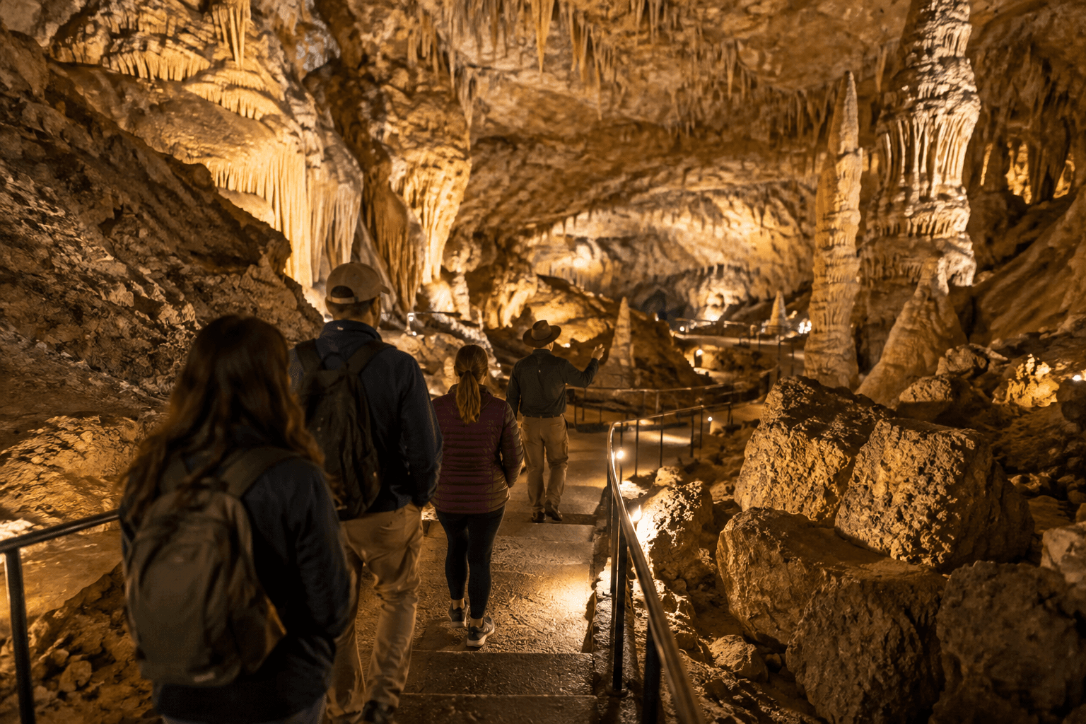 Representative view of a guided walk through illuminated caverns