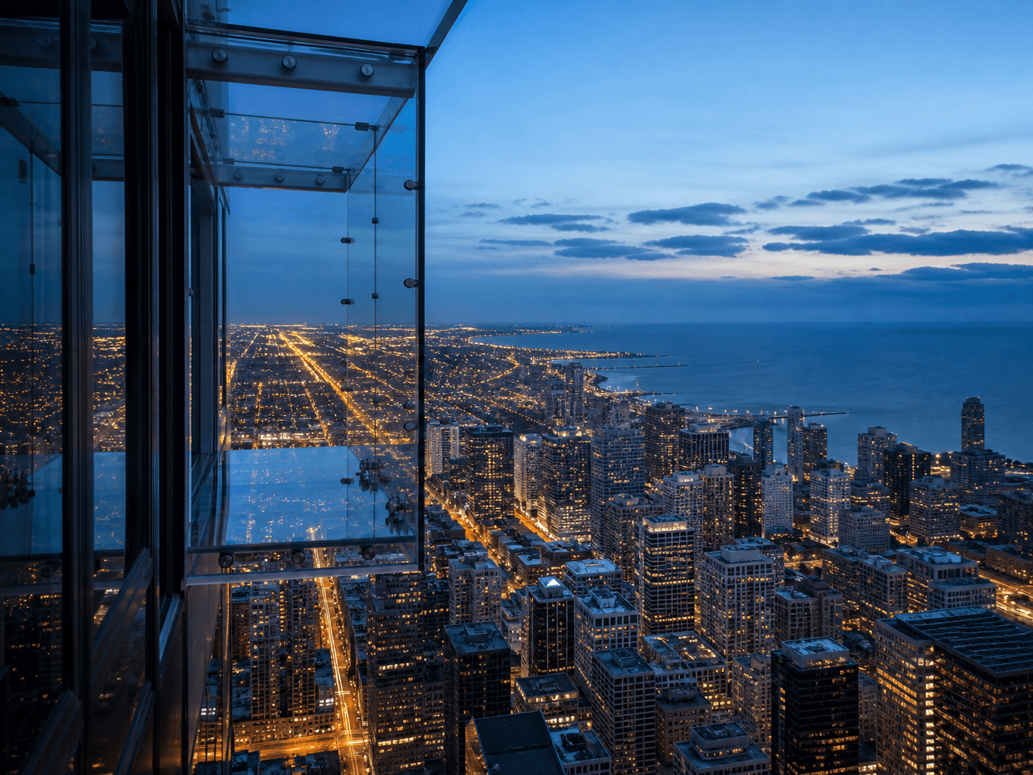Chicago skyline and Lake Michigan viewed through an elevated glass observation area at blue hour